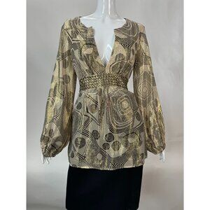 Vintage Erato Silk & Gold Lame Blouse With Geometric Pattern & Studded Waist